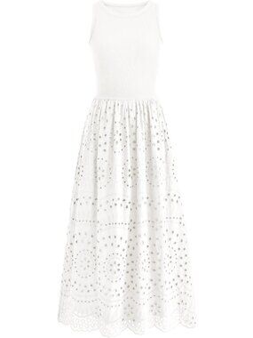 🆕Women White Sleeveless Crewneck A-Line Boho Lace Eyelet Cotton Tank Maxi Dress